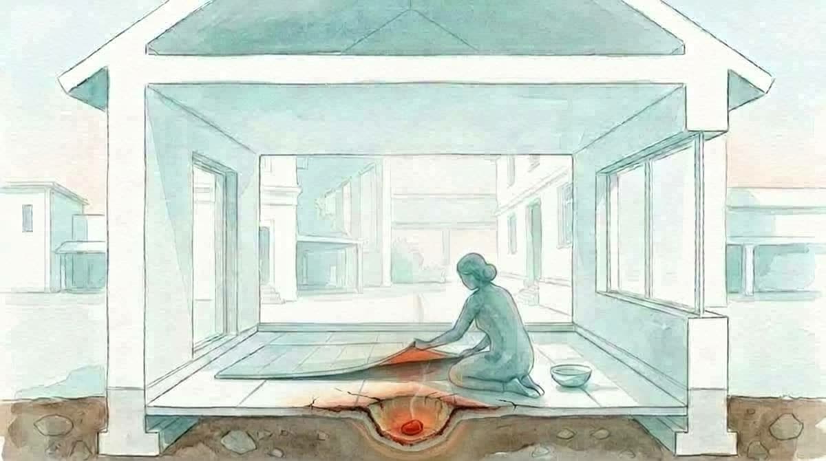 Aquarell: Eine ruhige Figur kniet im Erdgeschoss eines offenen Hausquerschnitts und hebt eine Bodenschicht an. Ein dunkelrot-oranger Glutkern hat sich in einer kleinen Grube bereits in die Bodenplatte gefressen.