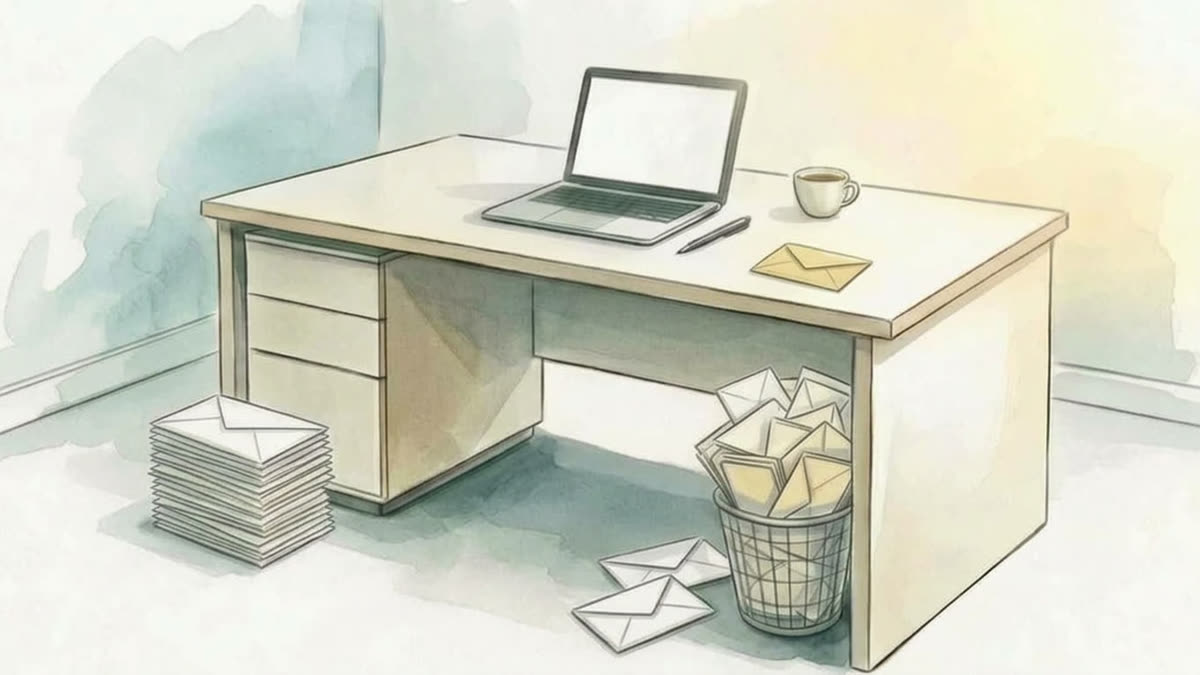 Aquarell: Neben Laptop, Kugelschreiber und Kaffeetasse liegt ein kleiner geschlossener gelber Brief auf einem Managerschreibtisch; links daneben steht ein Stapel verschlossener Briefe, darunter quillt ein Papierkorb mit weiteren Umschlägen über.